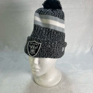 NEW ERA RAIDERS NFL BLACK GRAY WHITE POM KNIT HAT ONE SIZE UNISEX ADULT